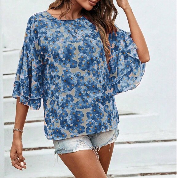 Floral Print Round Neck Flare Sleeve Blouse Blue - Picture 4 of 8